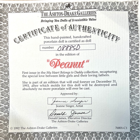 Vintage Ashton-Drake Galleries Porcelain Doll, Peanut, My Heart Belongs to Daddy - Picture 6 of 10